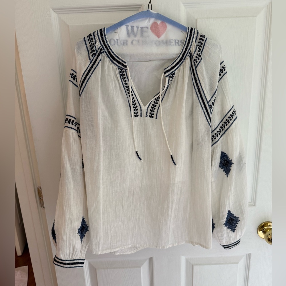 Hartford White and Blue Embroidered Blouse
